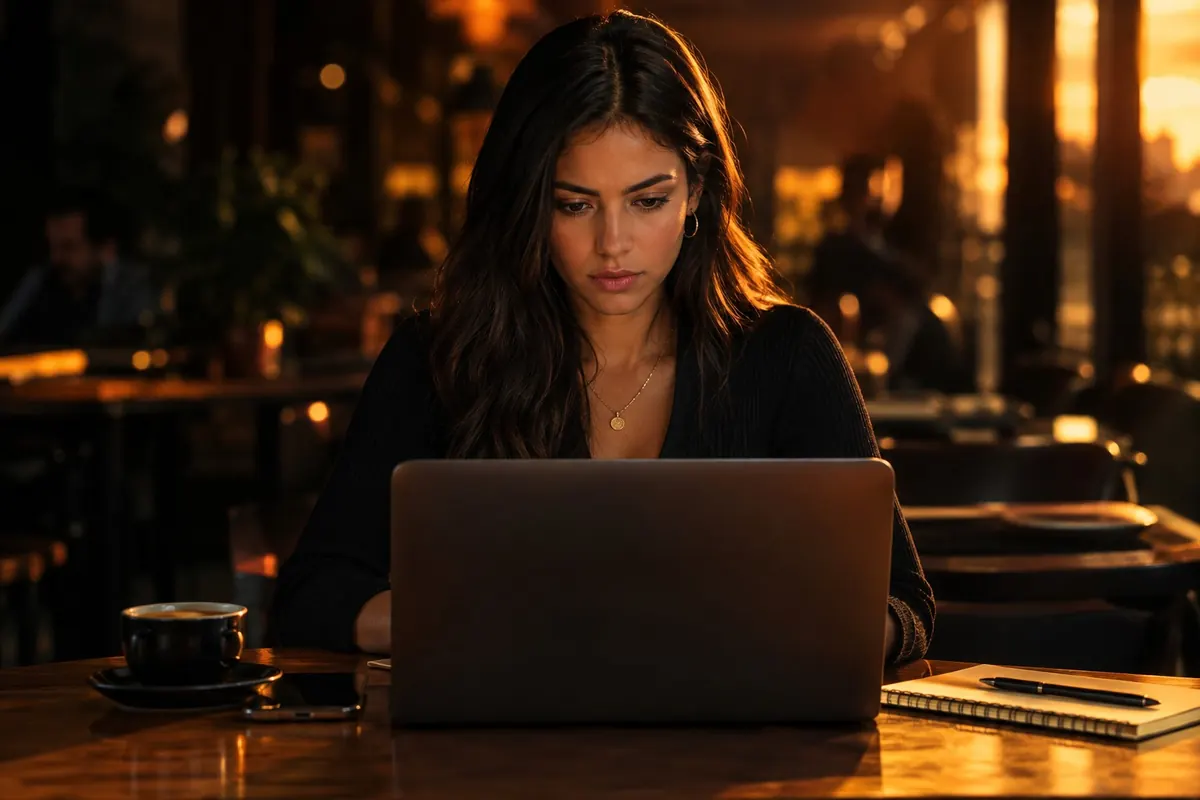 Seorang analis membaca data di laptop pada meja kafe yang temaram
