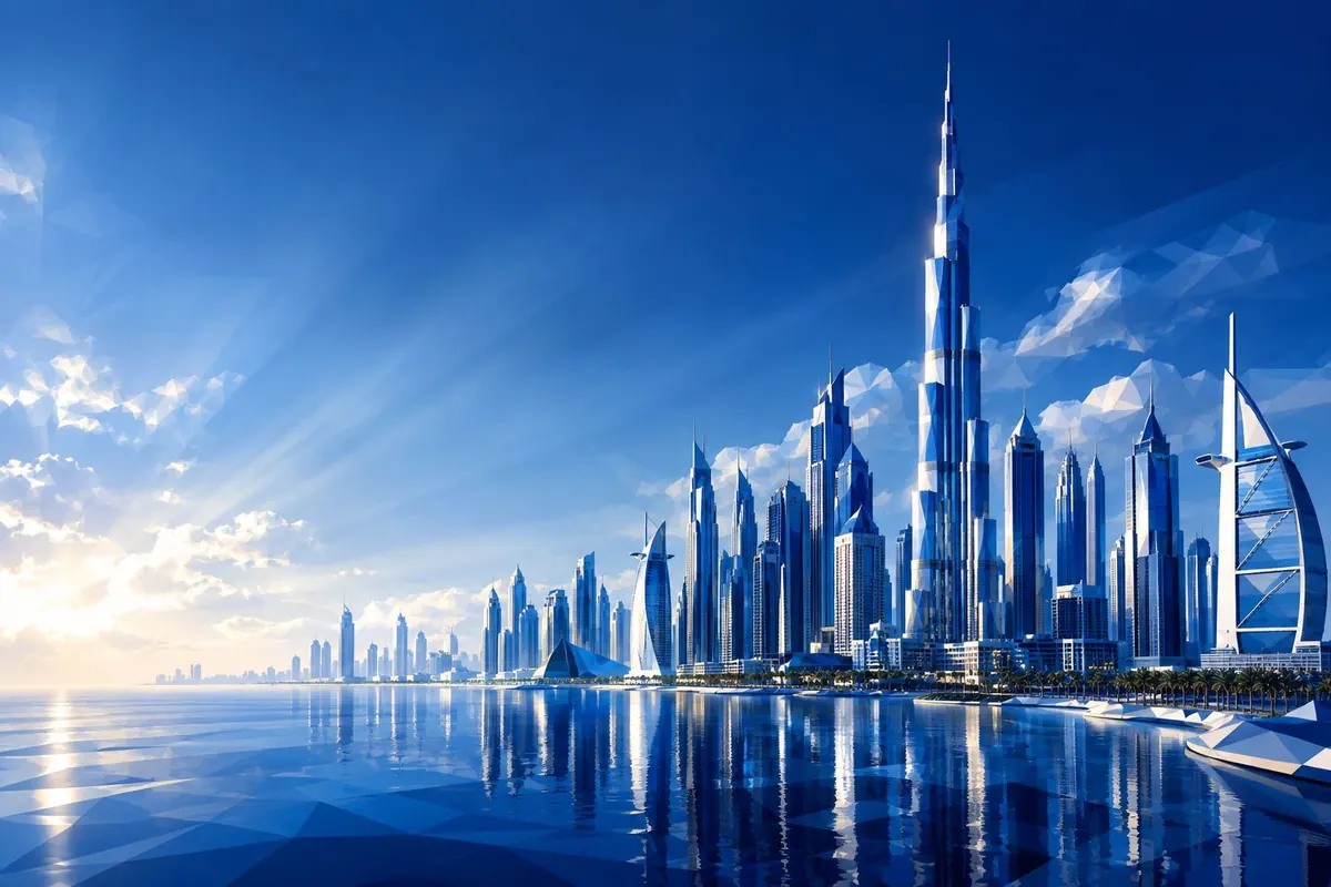 Ilustrasi cakrawala Dubai di tepi air, salah satu kota tempat grup FXTM mencatatkan entitasnya