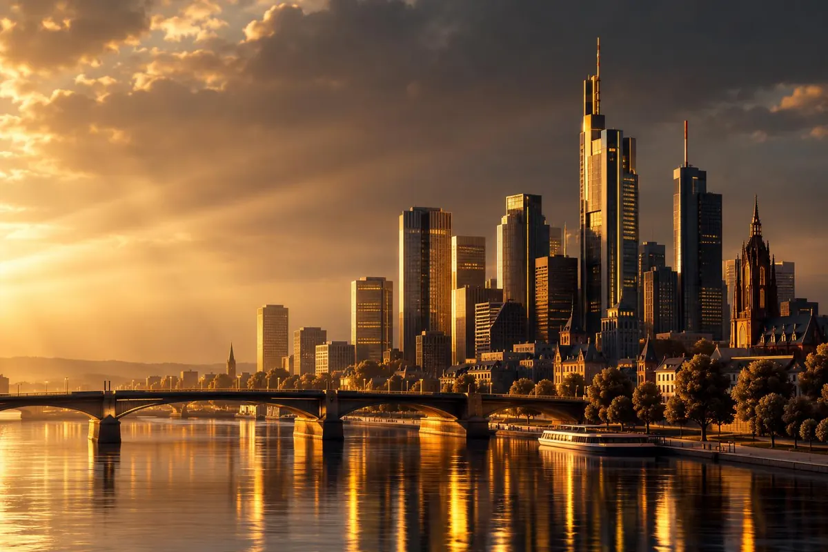 Cakrawala kota Frankfurt saat senja di tepi sungai, gambaran pasar keuangan Eropa tempat paspor MiFID berlaku