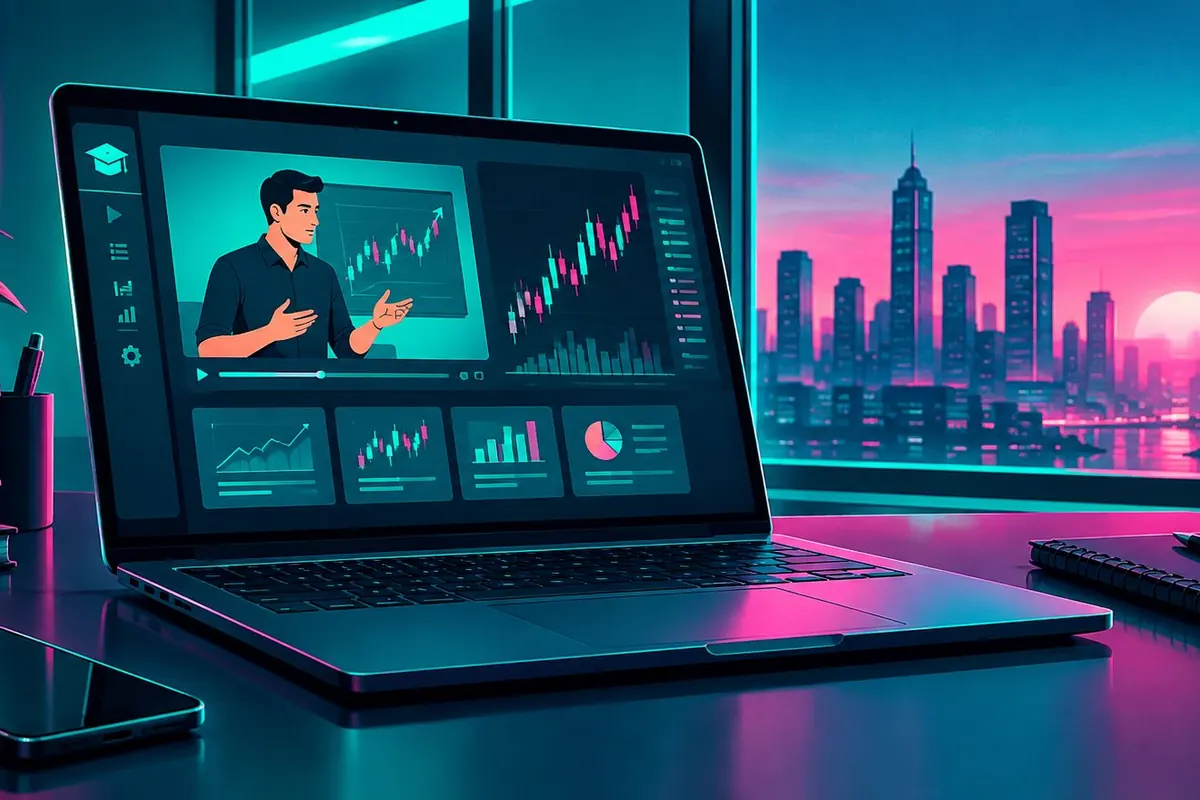 Ilustrasi laptop yang menampilkan materi kelas trading dan grafik, cocok untuk latihan akun demo