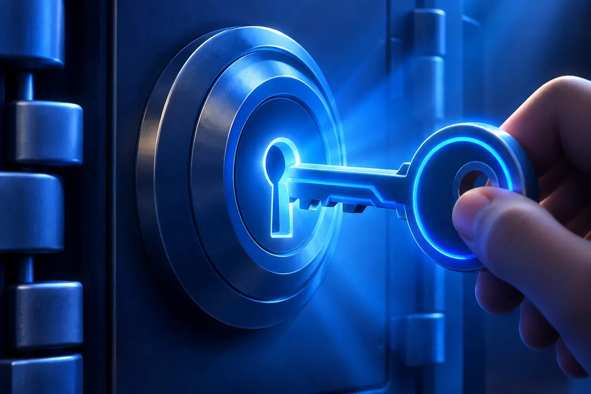 Tangan memasukkan kunci digital bercahaya ke pintu brankas, perumpamaan membuka data register resmi