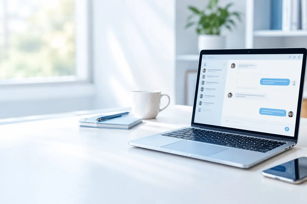 Laptop di meja putih yang menampilkan jendela percakapan, tempat catatan pengecekan disusun