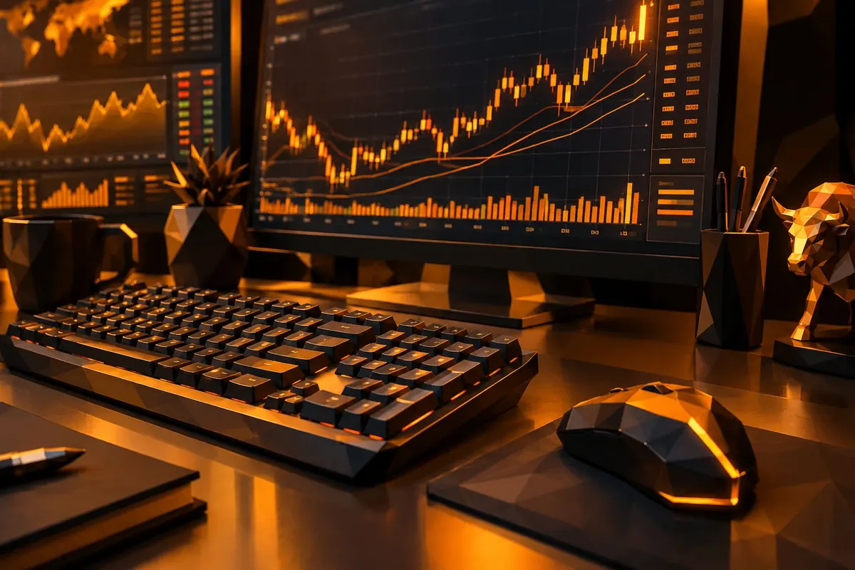 Meja kerja trader dengan papan ketik, tetikus, dan monitor grafik harga yang menyala